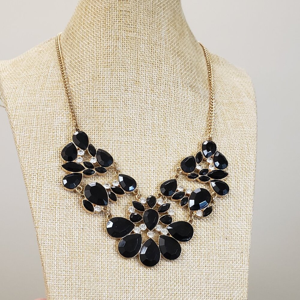 Gold tone black & clear glass jeweled bib statement necklace